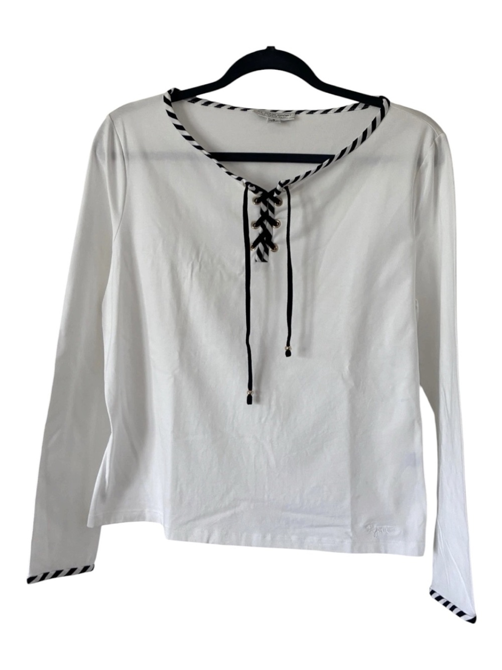 NWOT St John Sport by Marie Gray White Long-Sleeve Lace-Up Top w Navy Trim Sz M